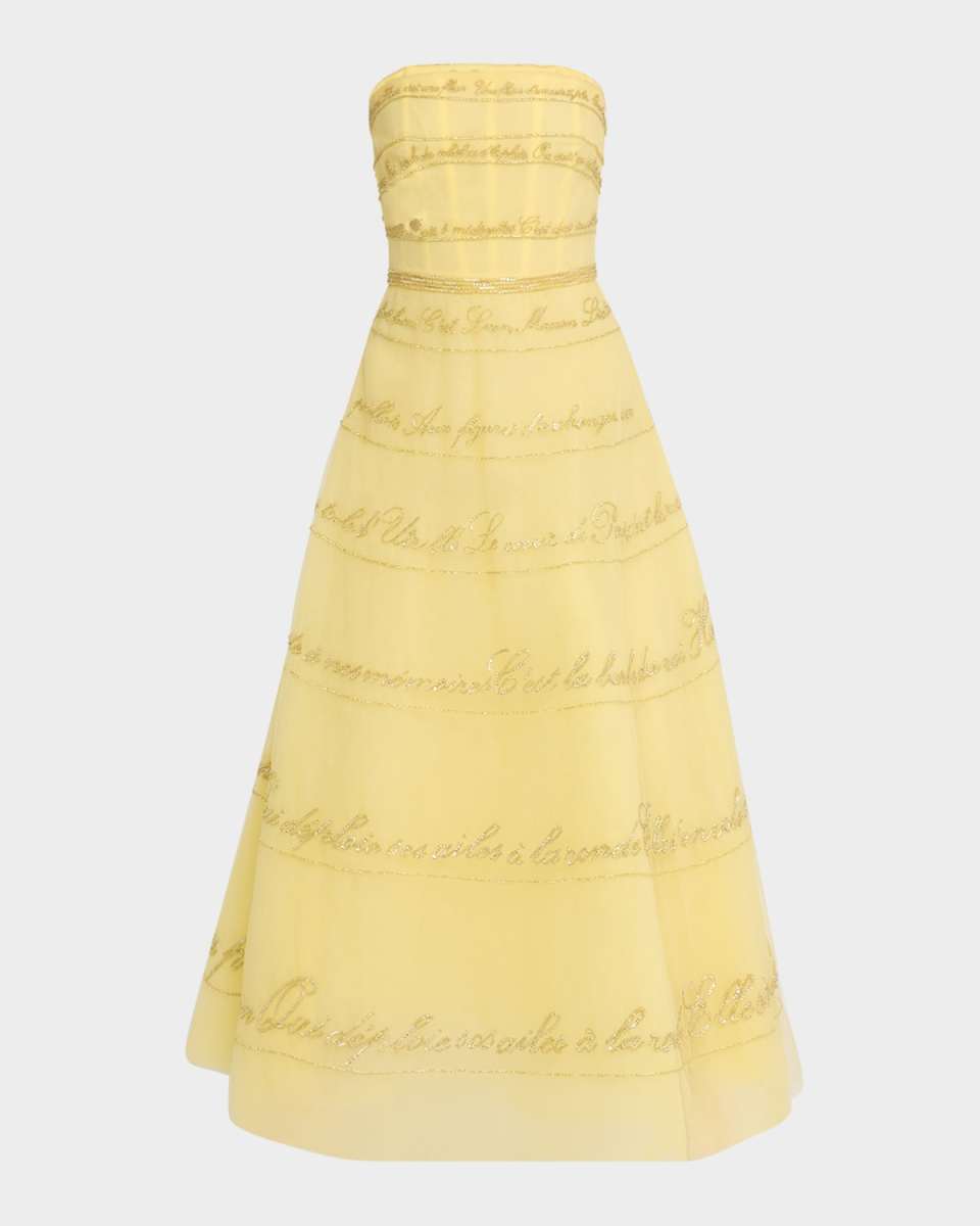 Strapless Yellow Lyric Embroidered Tulle Ankle Dress